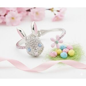 Betsey Johnson Crystal Bunny Hinge Bangle Bracelet Silver Plated Easter